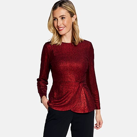 Long Sleeve Shimer Knot Waist Top (Size L) - Red