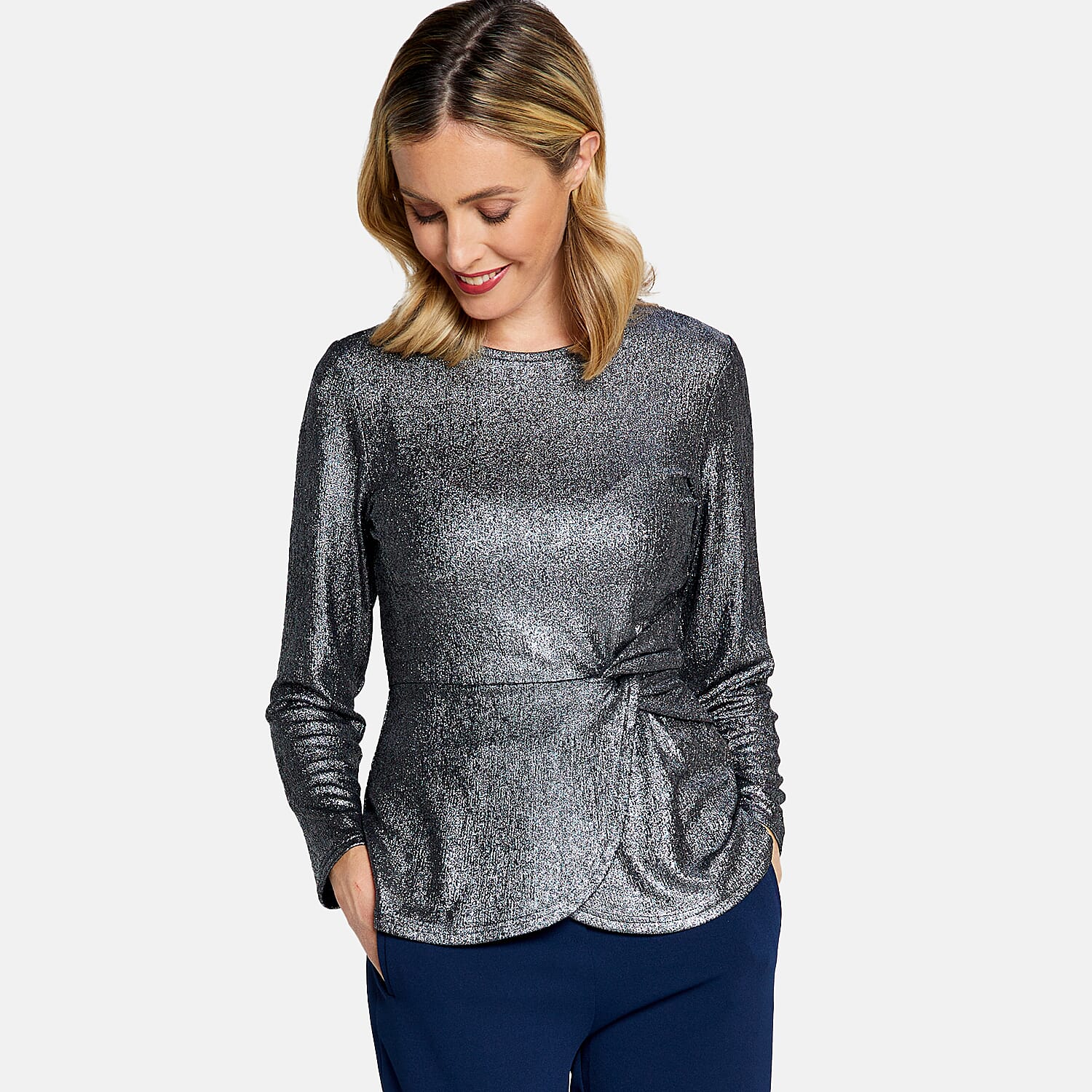 Long Sleeve Shimer Knot Waist Top (Size L) - Bronze