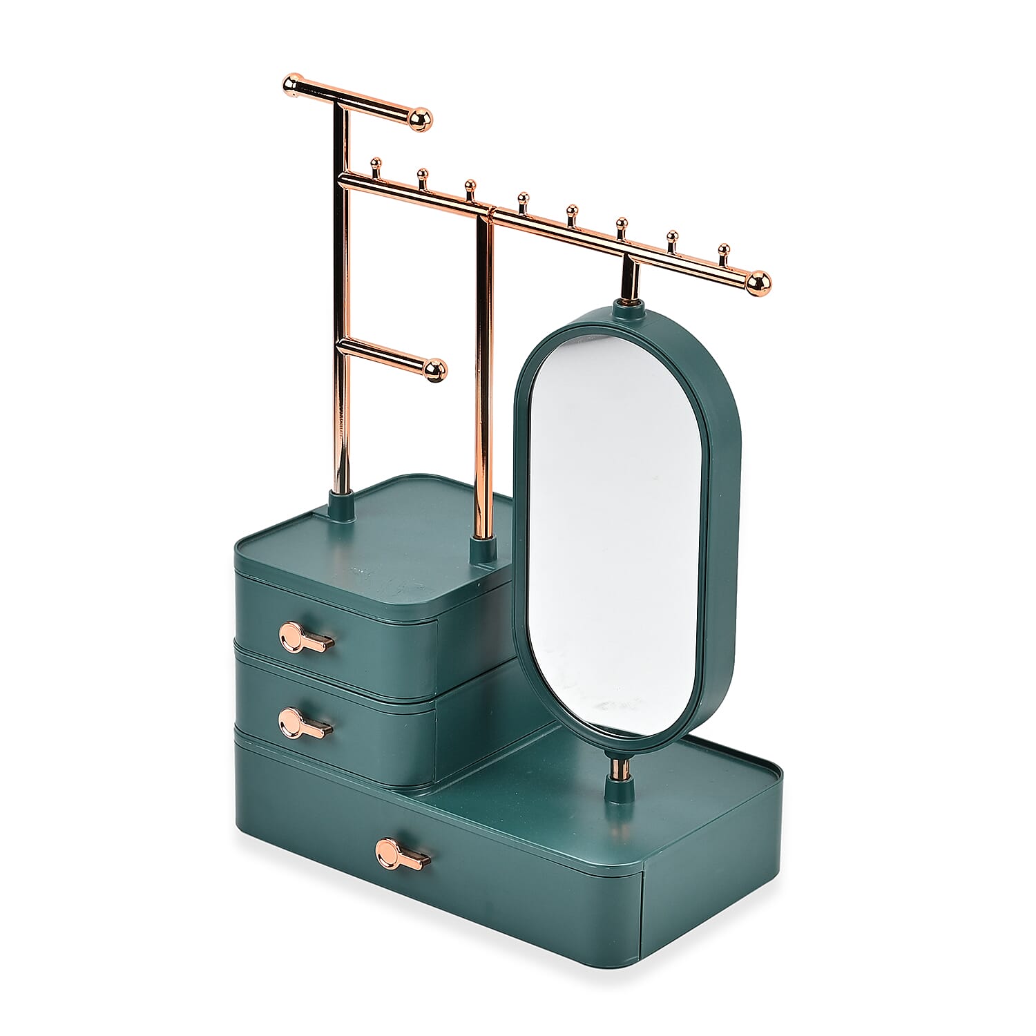 Tiered Tower Jewelry Holder with 360 Rotating Mirror & 3 Layer Drawer (Size 25x15x37 cm) - Green