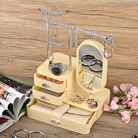 Tiered Tower Jewelry Holder with 360 Rotating Mirror & 3 Layer Drawer (Size 25x15x37 cm) - Beige