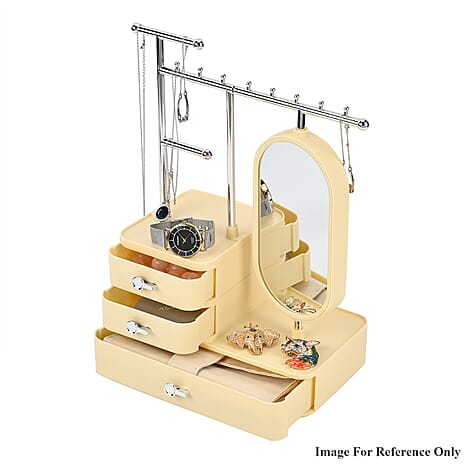 Tiered Tower Jewelry Holder with 360 Rotating Mirror & 3 Layer Drawer (Size 25x15x37 cm) - Beige