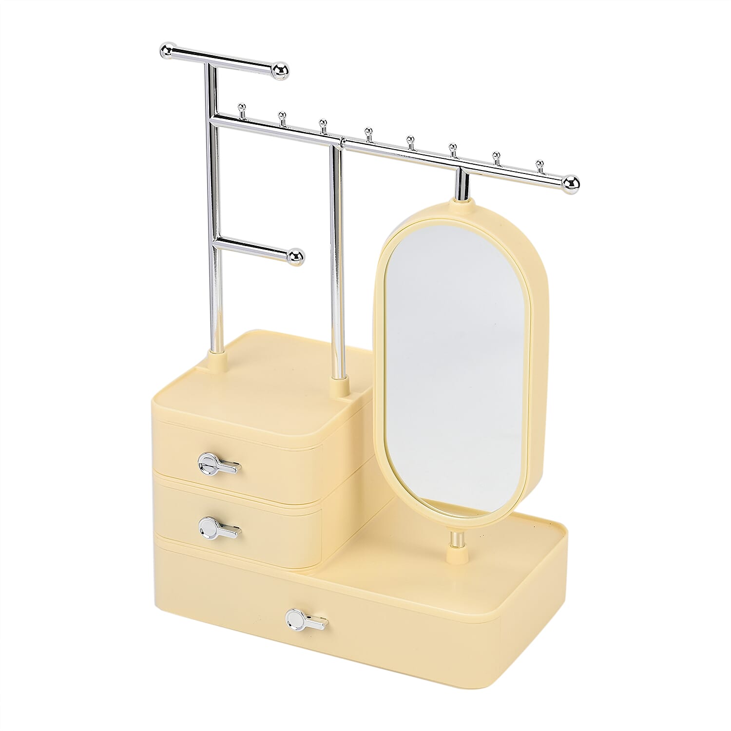 Tiered Tower Jewelry Holder with 360 Rotating Mirror & 3 Layer Drawer (Size 25x15x37 cm) - Beige