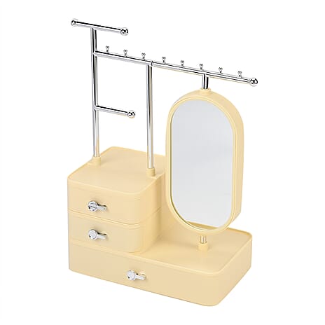 Tiered Tower Jewelry Holder with 360 Rotating Mirror & 3 Layer Drawer (Size 25x15x37 cm) - Beige
