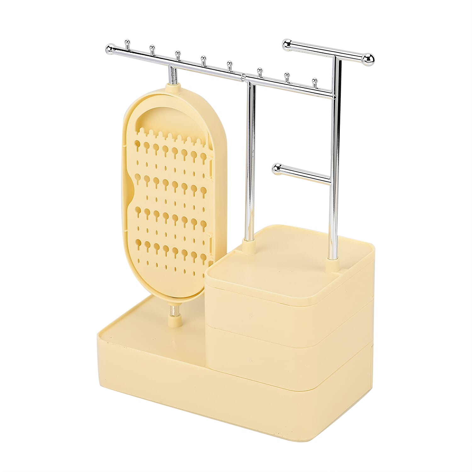 Tiered Tower Jewelry Holder with 360 Rotating Mirror & 3 Layer Drawer (Size 25x15x37 cm) - Beige