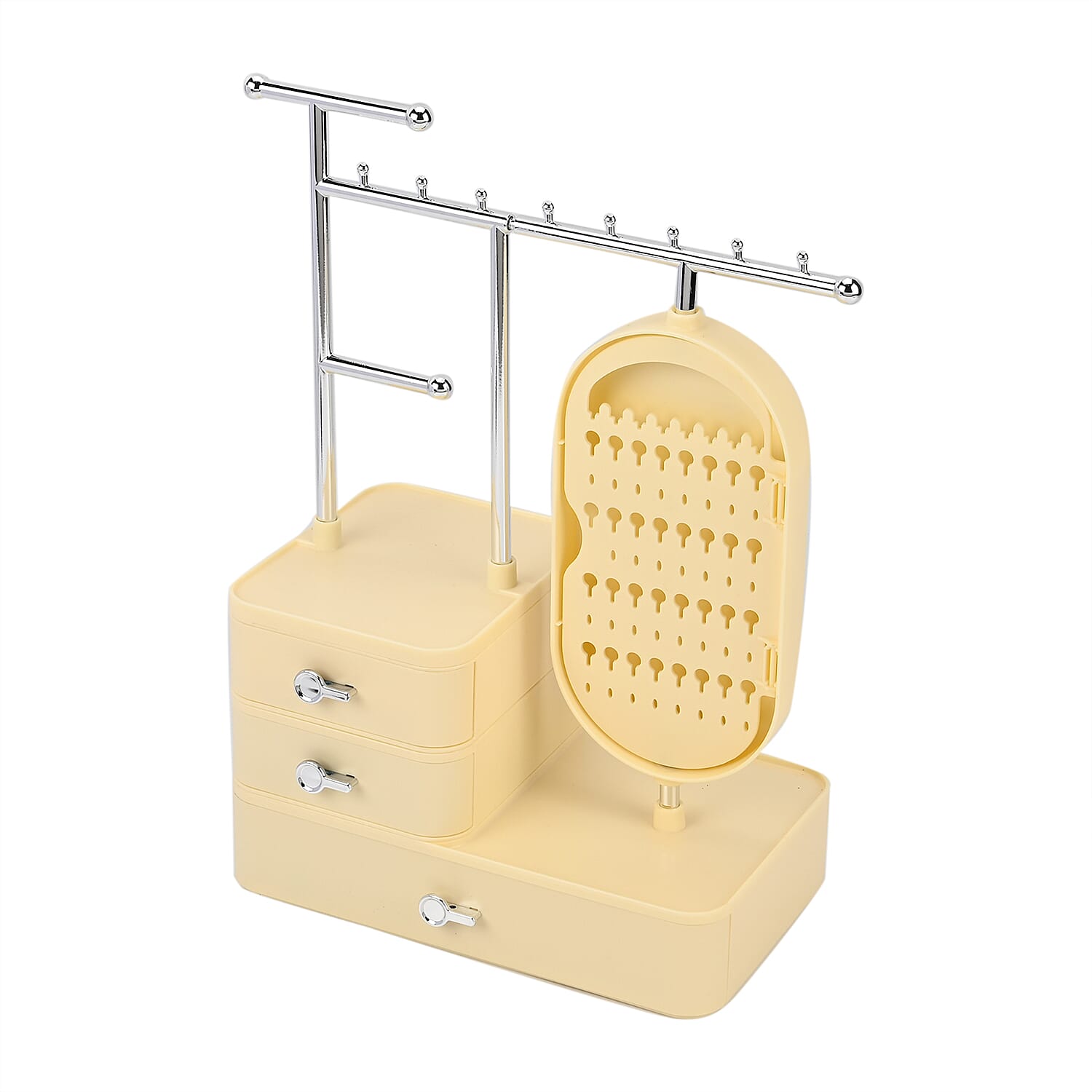 Tiered Tower Jewelry Holder with 360 Rotating Mirror & 3 Layer Drawer (Size 25x15x37 cm) - Beige