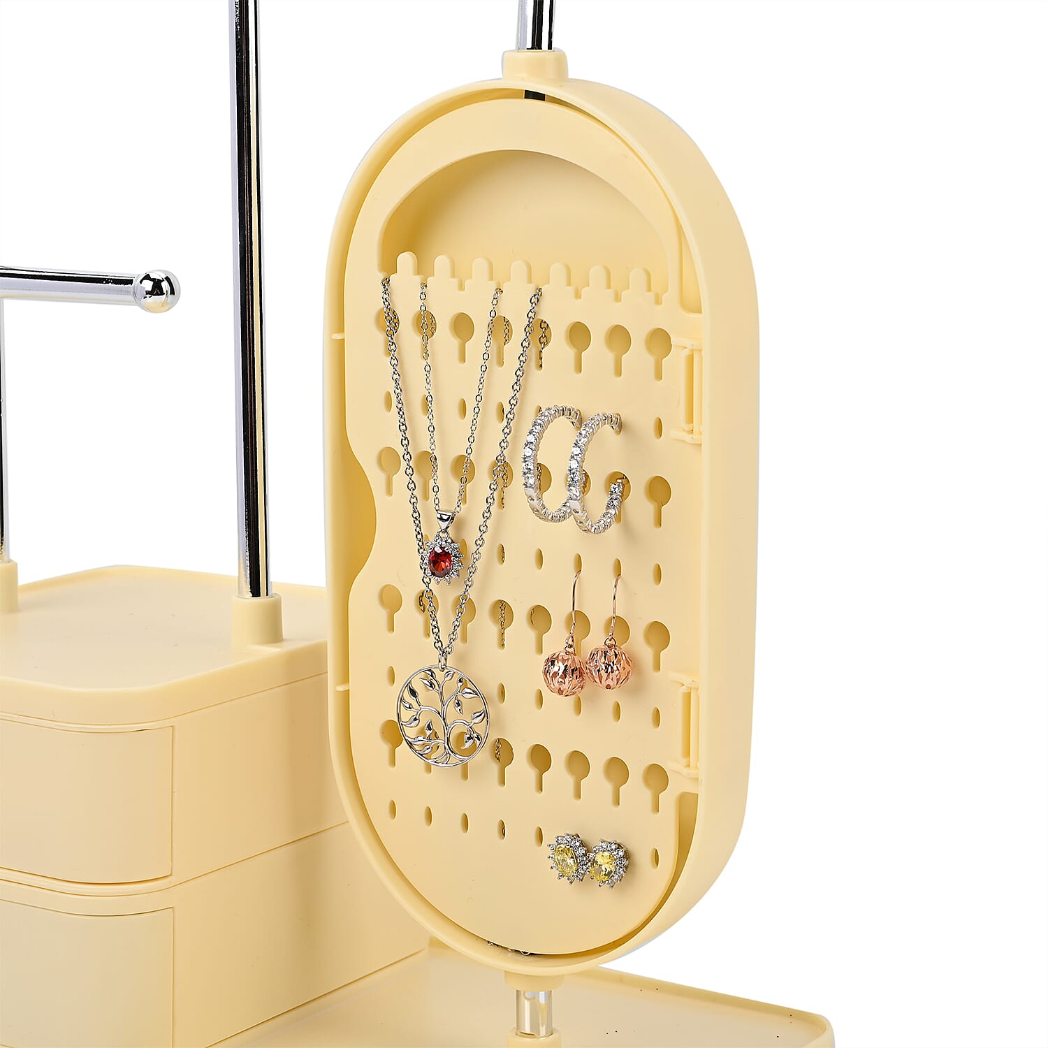 Tiered Tower Jewelry Holder with 360 Rotating Mirror & 3 Layer Drawer (Size 25x15x37 cm) - Beige