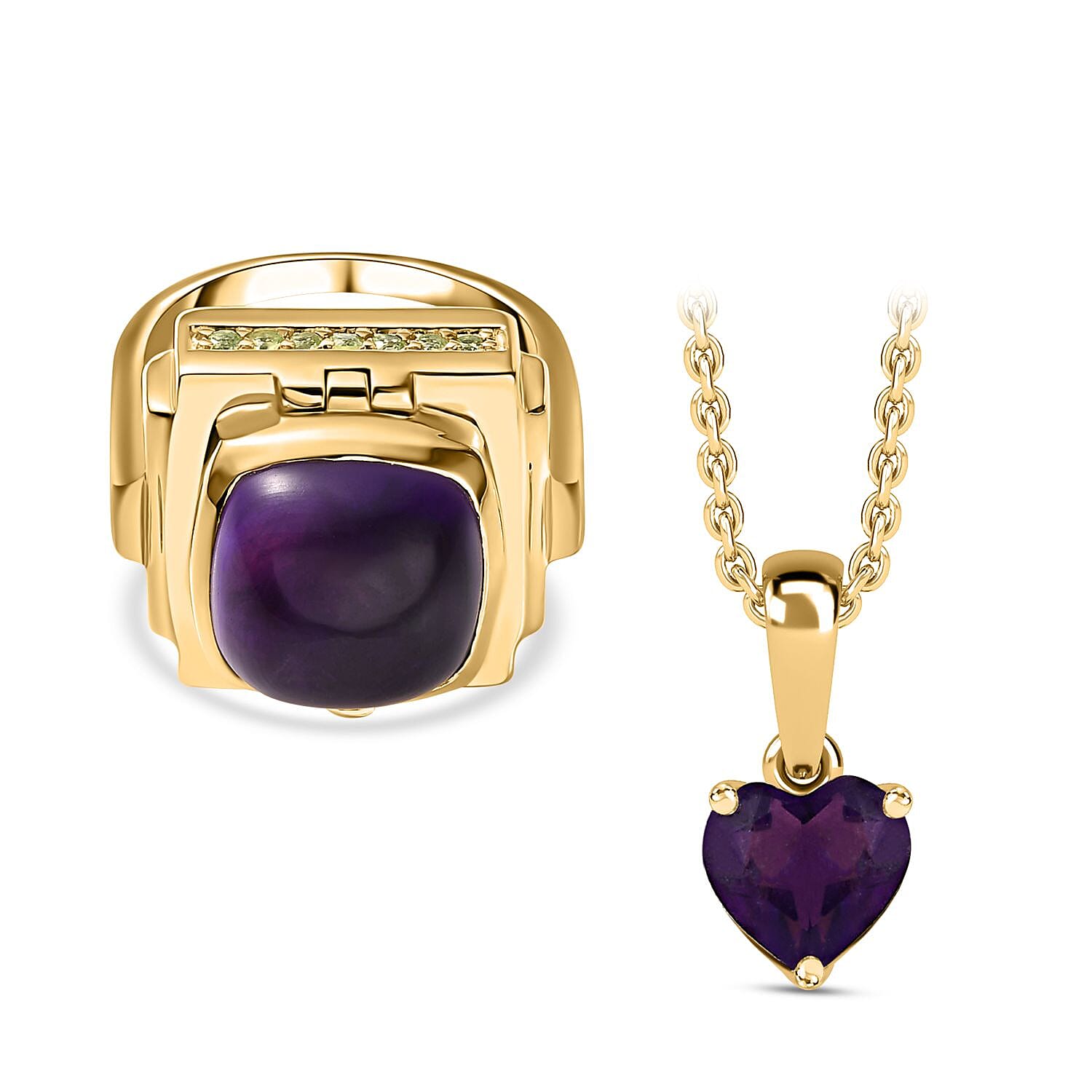 GP Art Deco Collection - Amethyst & Hebei Peridot Enclosed Pendant inside Openable Ring in 18K Vermeil Yellow Gold Plated Sterling Silver 9.26 Ct, Silver Wt. 15.50 Gms