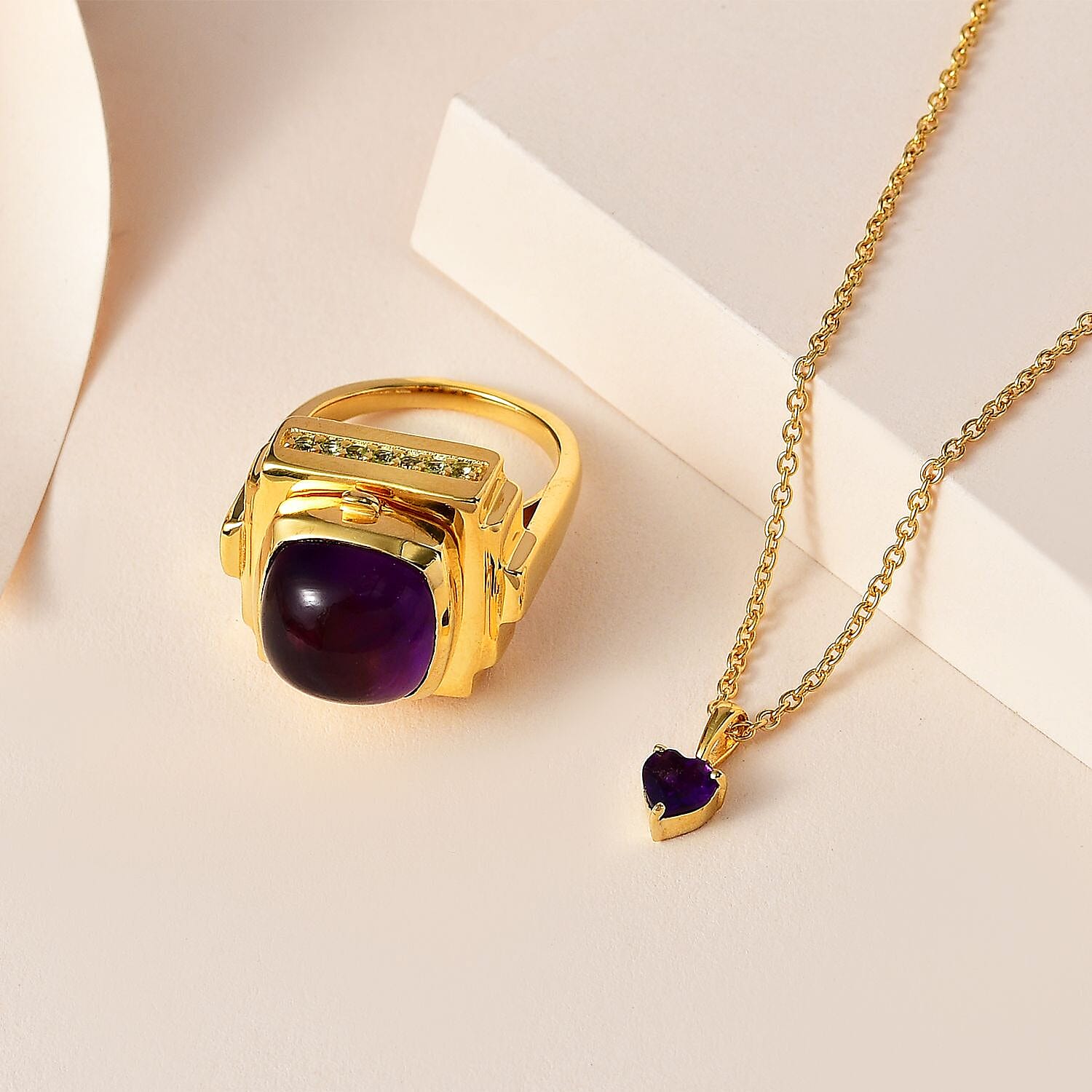 GP Art Deco Collection - Amethyst & Hebei Peridot Enclosed Pendant inside Openable Ring in 18K Vermeil Yellow Gold Plated Sterling Silver 9.26 Ct, Silver Wt. 15.50 Gms