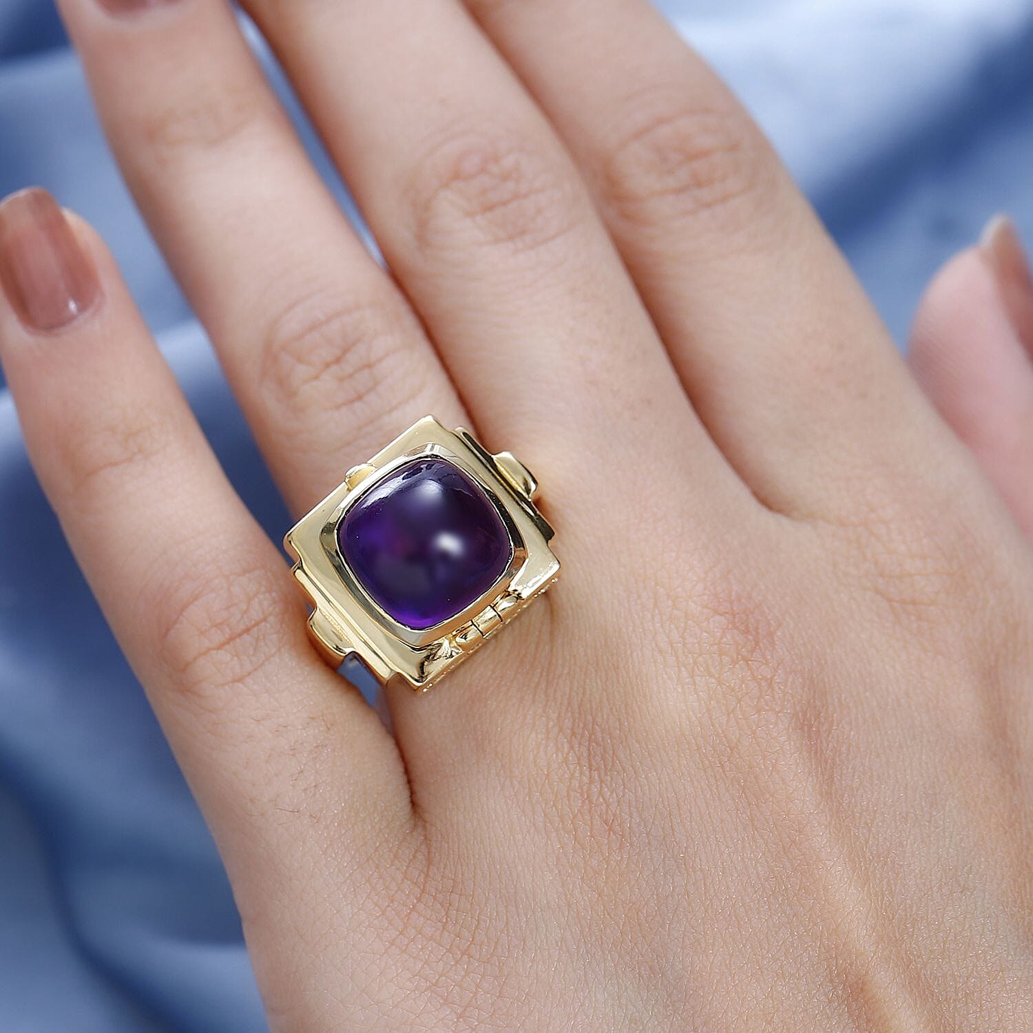 GP Art Deco Collection - Amethyst & Hebei Peridot Enclosed Pendant inside Openable Ring in 18K Vermeil Yellow Gold Plated Sterling Silver 9.26 Ct, Silver Wt. 15.50 Gms