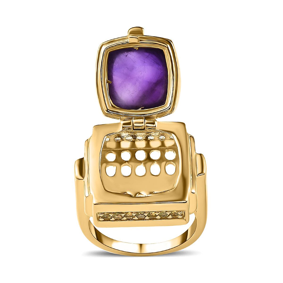 GP Art Deco Collection - Amethyst & Hebei Peridot Enclosed Pendant inside Openable Ring in 18K Vermeil Yellow Gold Plated Sterling Silver 9.26 Ct, Silver Wt. 15.50 Gms