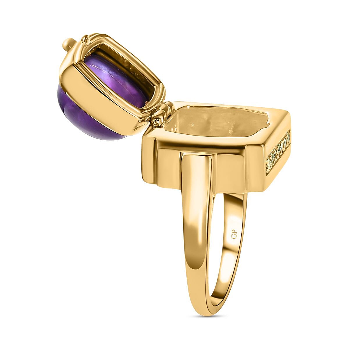 GP Art Deco Collection - Amethyst & Hebei Peridot Enclosed Pendant inside Openable Ring in 18K Vermeil Yellow Gold Plated Sterling Silver 9.26 Ct, Silver Wt. 15.50 Gms