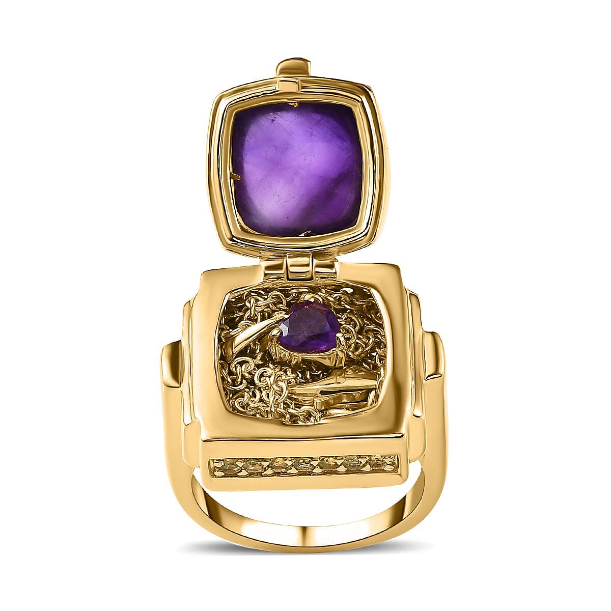 GP Art Deco Collection - Amethyst & Hebei Peridot Enclosed Pendant inside Openable Ring in 18K Vermeil Yellow Gold Plated Sterling Silver 9.26 Ct, Silver Wt. 15.50 Gms