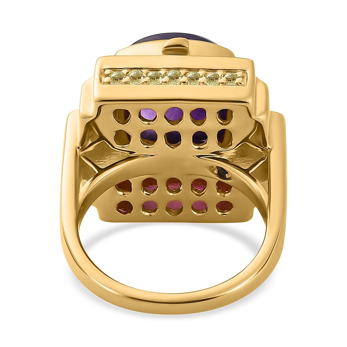 GP Art Deco Collection - Amethyst & Hebei Peridot Enclosed Pendant inside Openable Ring in 18K Vermeil Yellow Gold Plated Sterling Silver 9.26 Ct, Silver Wt. 15.50 Gms