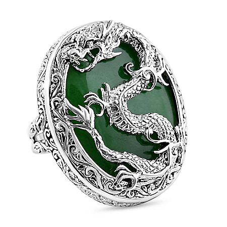 Royal Bali Collection - Green Jade Dragon Ring in Sterling Silver 20.00 Ct, Silver Wt. 14.47 Gms