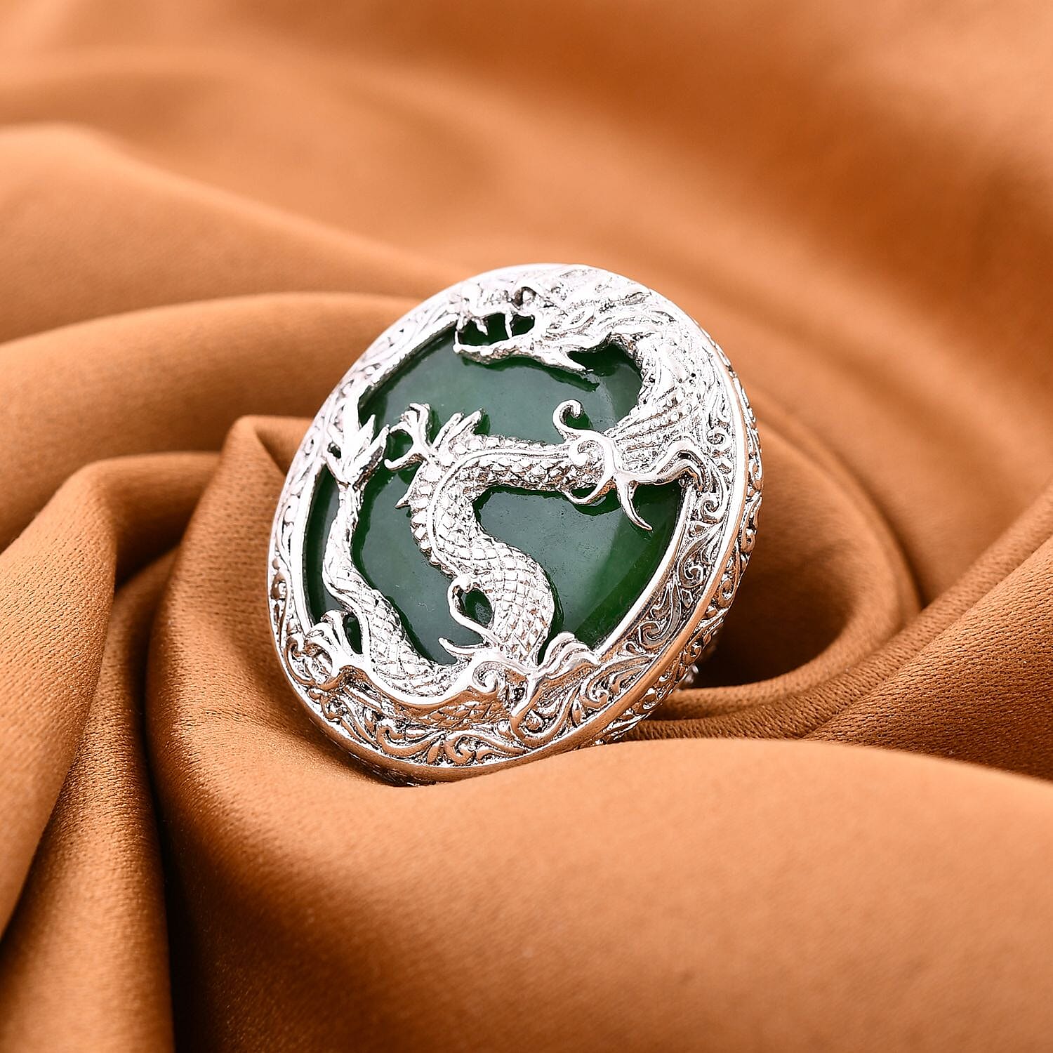 Royal Bali Collection - Artisan Crafted Green Jade Ring in Sterling Silver 20.00 Ct, Silver Wt. 14.47 Gms