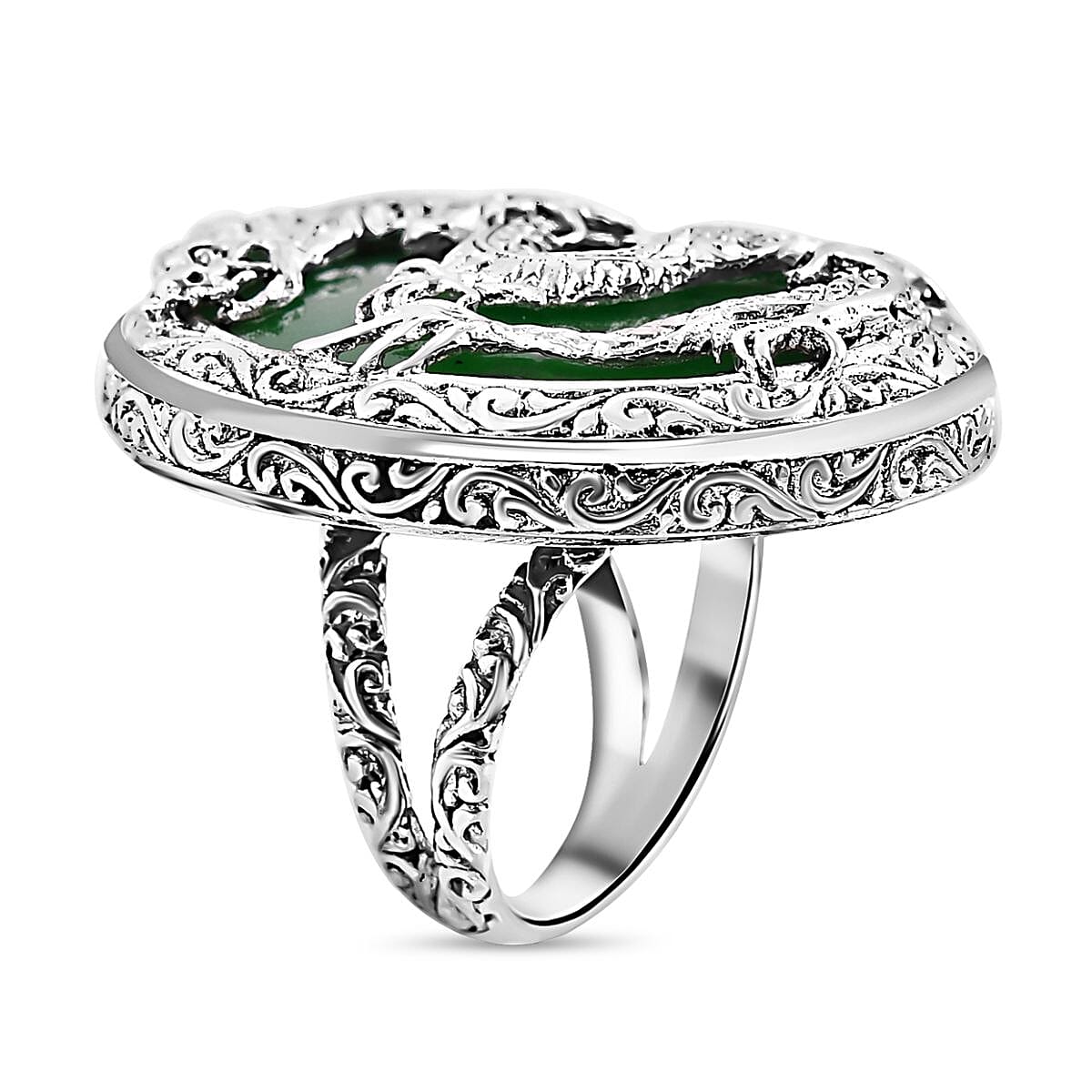 Royal Bali Collection - Artisan Crafted Green Jade Ring in Sterling Silver 20.00 Ct, Silver Wt. 14.47 Gms