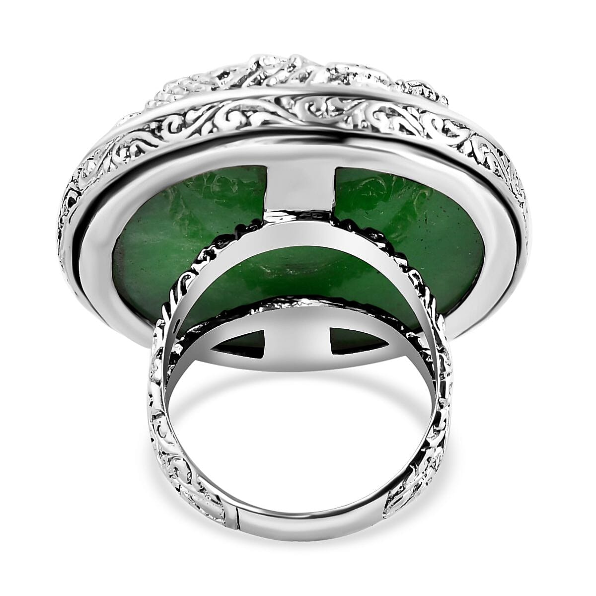 Royal Bali Collection - Artisan Crafted Green Jade Ring in Sterling Silver 20.00 Ct, Silver Wt. 14.47 Gms