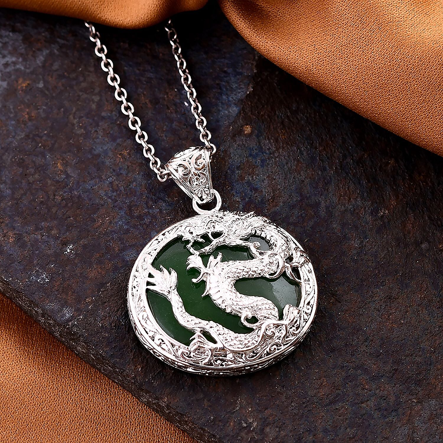 Royal Bali Collection - Green Jade Pendant Sterling Silver 20.00 Ct,  Silver Wt. 10.00 Gms