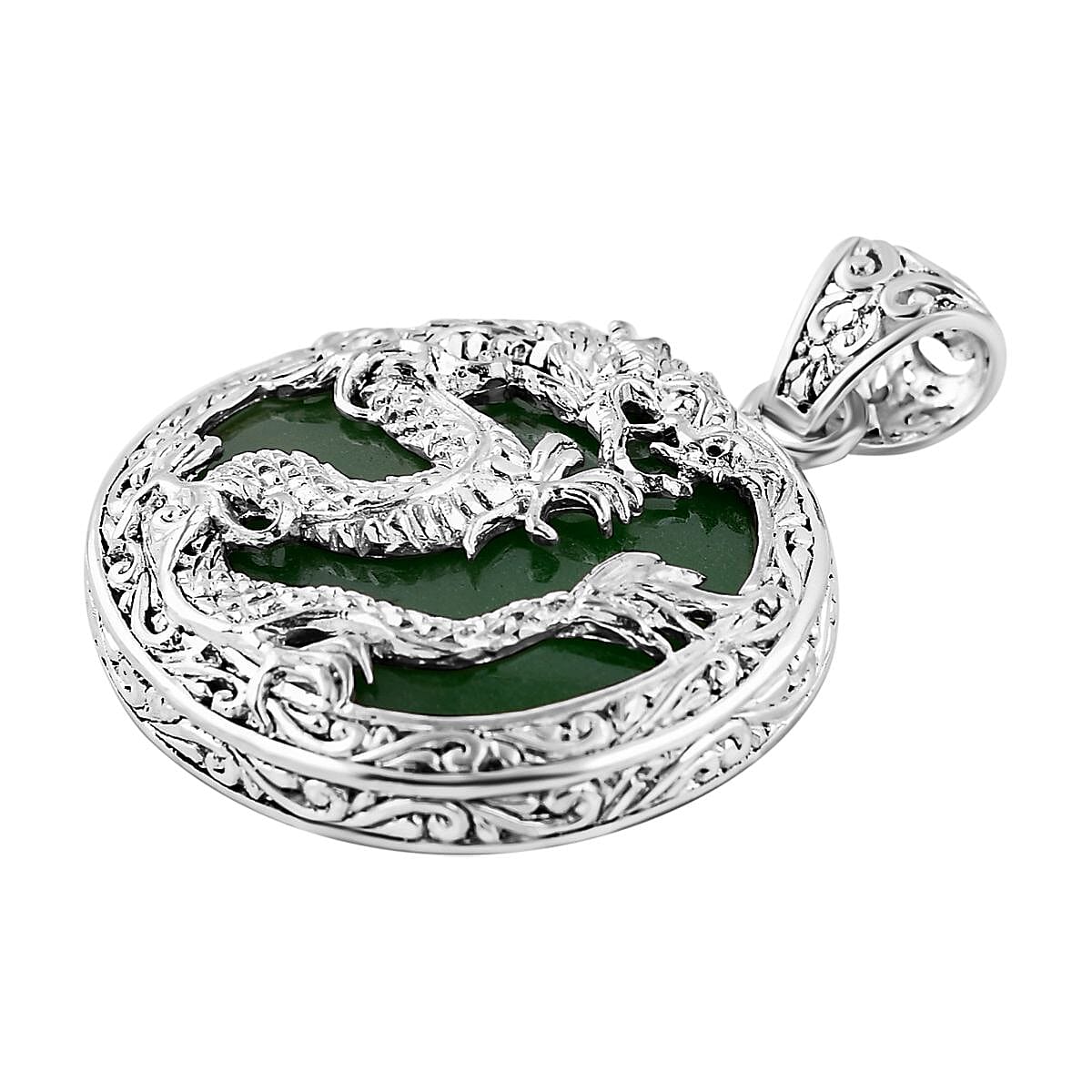 Royal Bali Collection - Green Jade Pendant Sterling Silver 20.00 Ct,  Silver Wt. 10.00 Gms