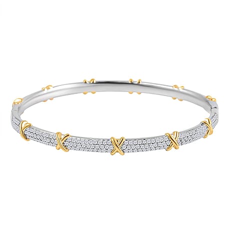 Designer Close Out - Cubic Zirconia Criss Cross Bangle (Size - 7.5) in Silver & Yellow Gold Tone 0.60 Ct