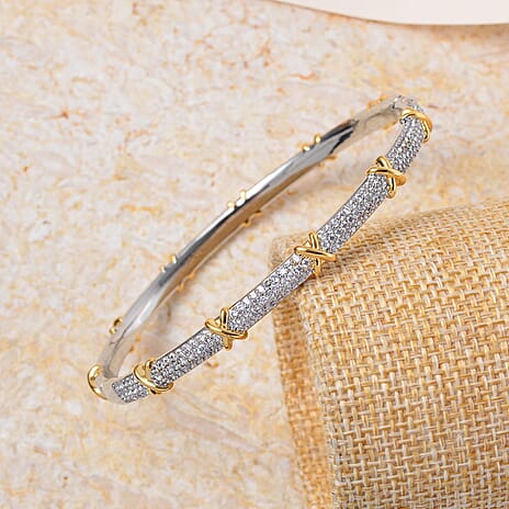 Designer Close Out - Cubic Zirconia Criss Cross Bangle (Size - 7.5) in Silver & Yellow Gold Tone 0.60 Ct