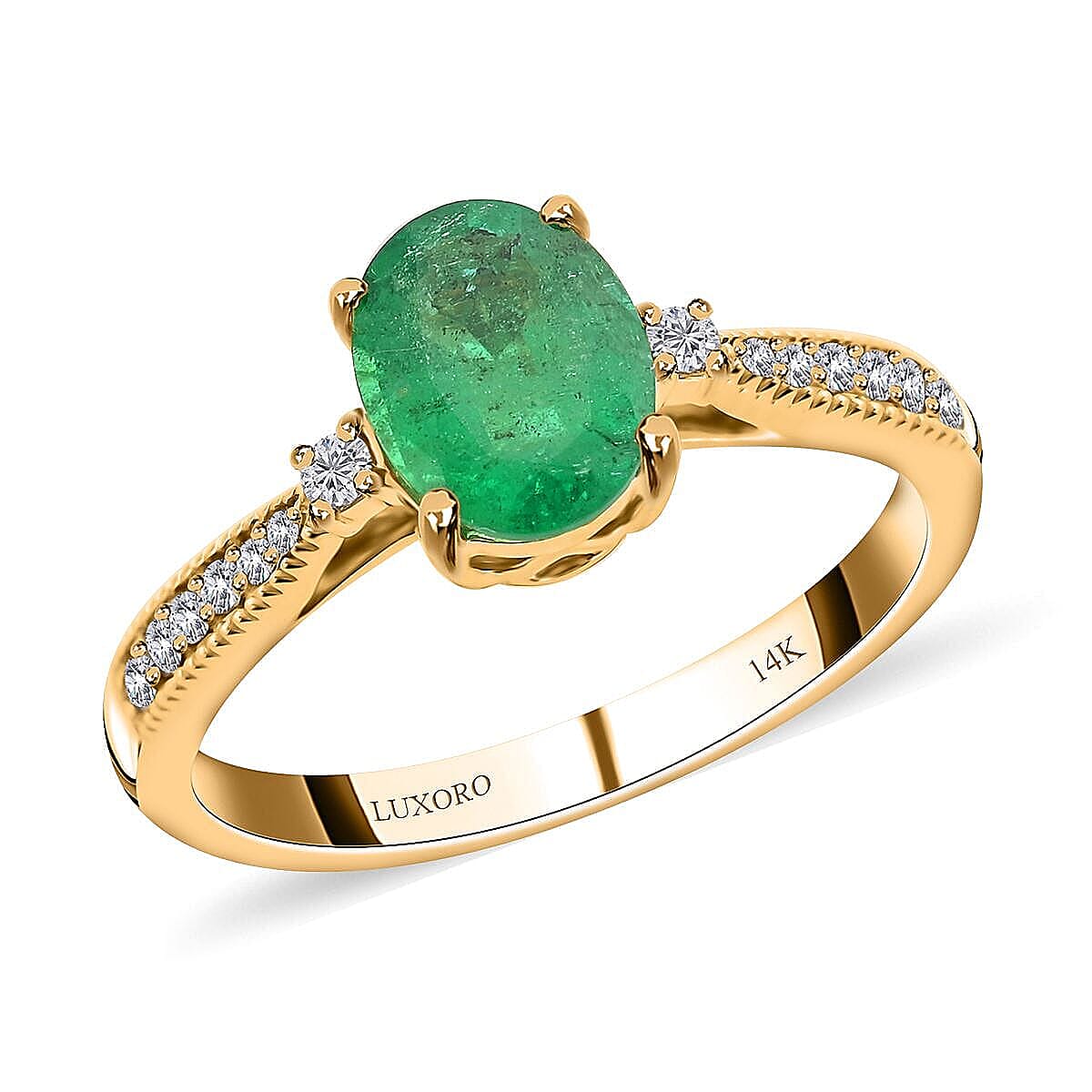 14K Yellow Gold AAA Zambian Emerald, White Diamond I2 Ring 1.30 Ct.