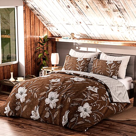 3 Piece Set - Floral Pattern Duvet Cover with 2 Pillow Cases (Double Size 200x200 cm) - Brown