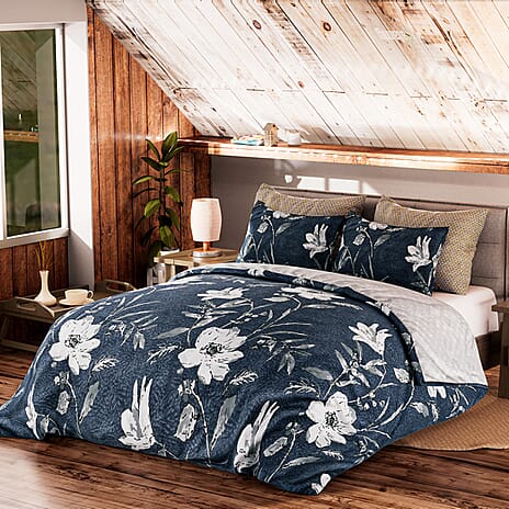 3 Piece Set - Floral Pattern Duvet Cover with 2 Pillow Cases (King Size 225x220 cm) - Blue & Grey