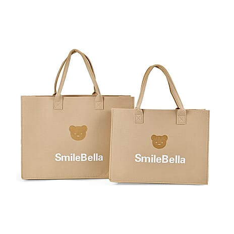 Set of 2 Felt Gift Printed (Bear, Smilebella, Happy Shopping) Tote Bag - Beige