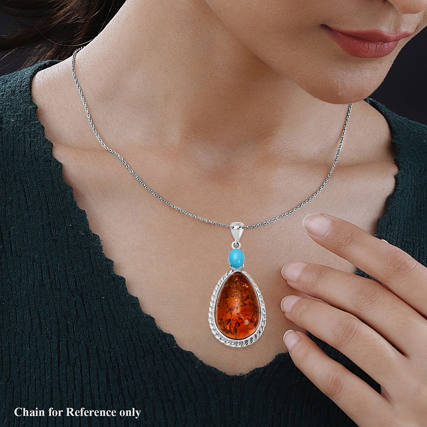 The Sweet Dream - Baltic Amber & Arizona Sleeping Beauty Turquoise Pendant in Sterling Silver, Silver Wt 13.00 GM