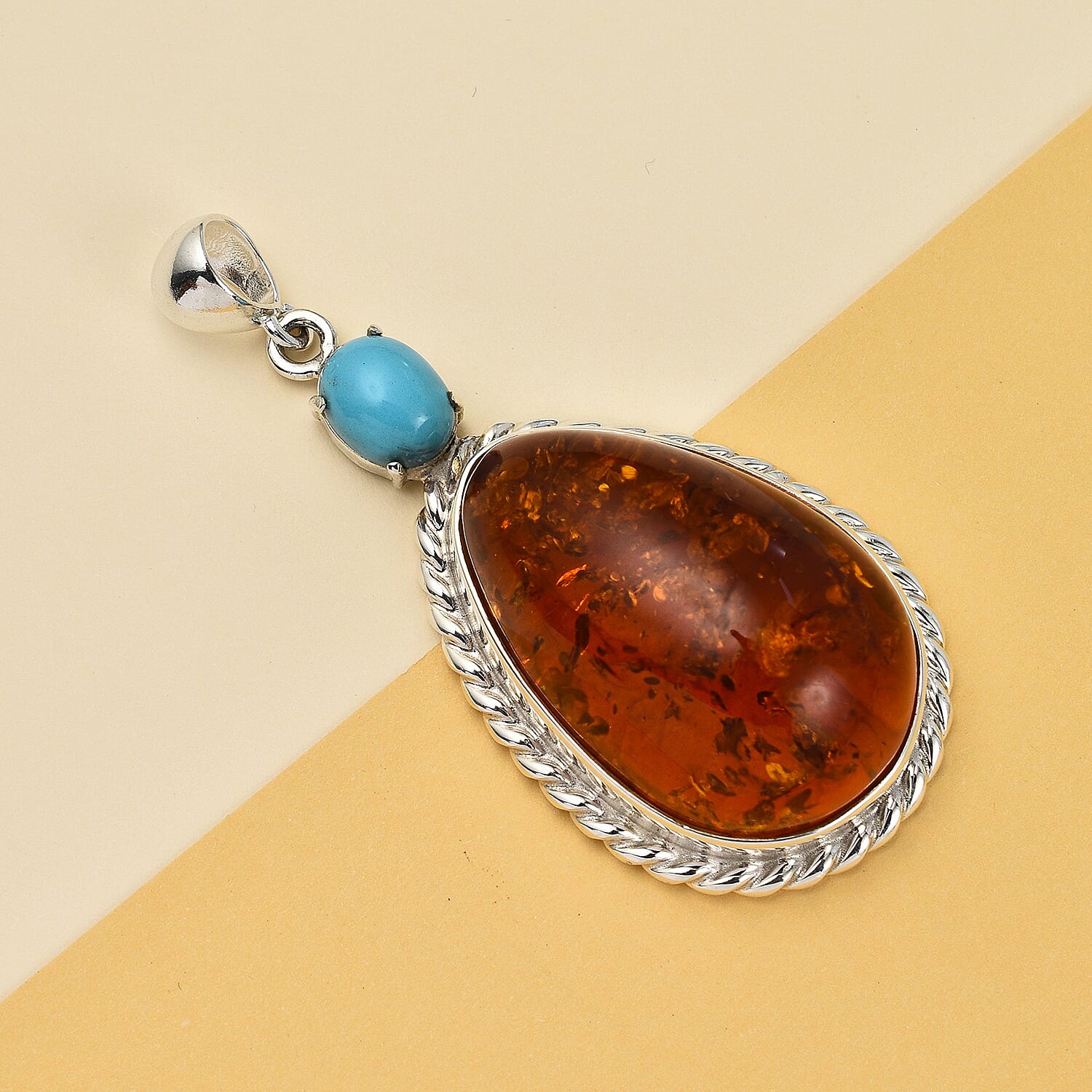 The Sweet Dream - Baltic Amber & Arizona Sleeping Beauty Turquoise Pendant in Sterling Silver, Silver Wt 13.00 GM