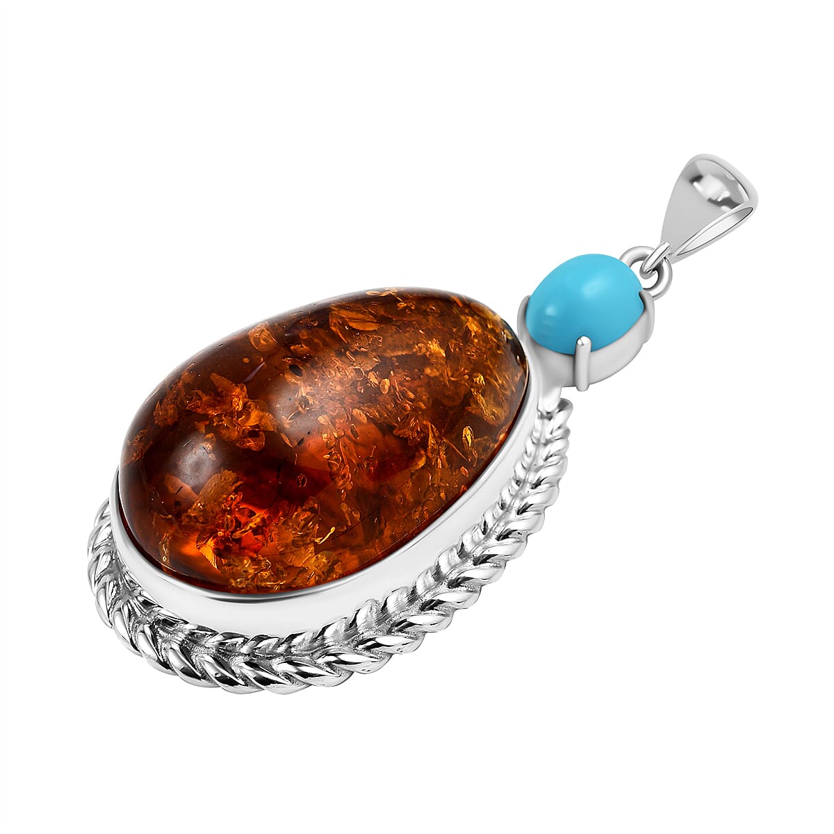 The Sweet Dream - Baltic Amber & Arizona Sleeping Beauty Turquoise Pendant in Sterling Silver, Silver Wt 13.00 GM