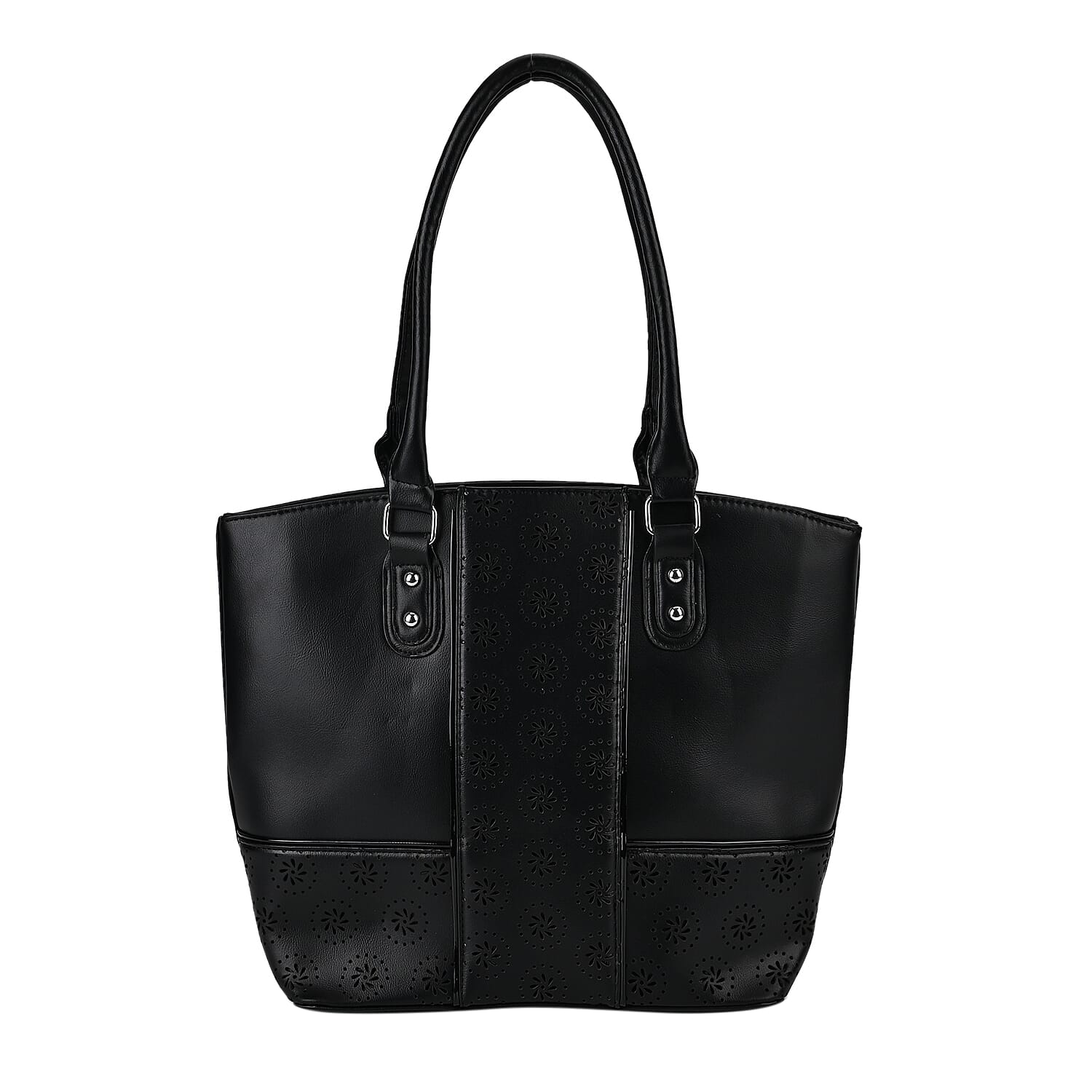 Leatherette Hollow out Floral Pattern Tote Bag with Handle Drop - Black