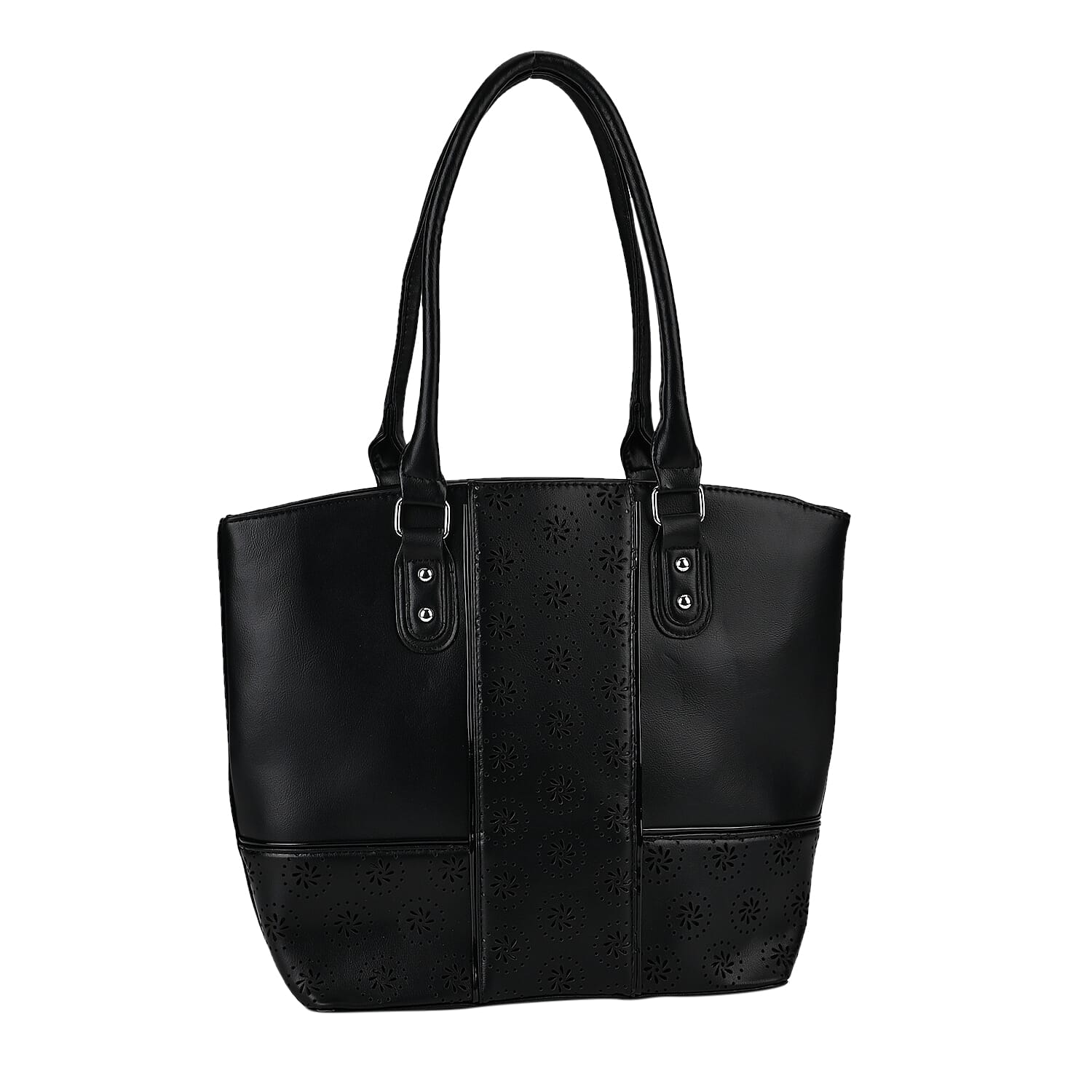 PU Floral Tote Bag (Size 31x13x32 cm) - Black & Black