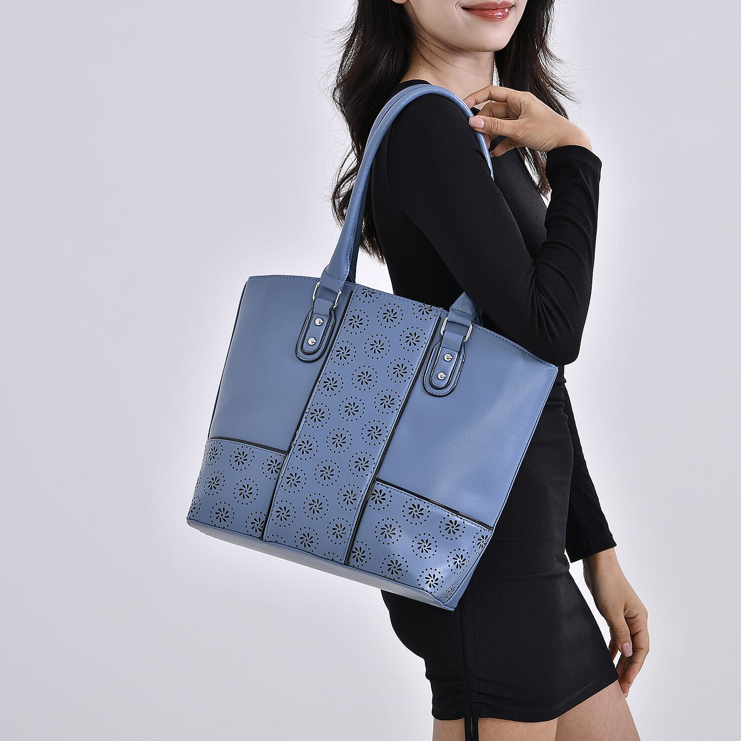 PU Floral Tote Bag (Size 31x13x32 cm) - Blue & Black