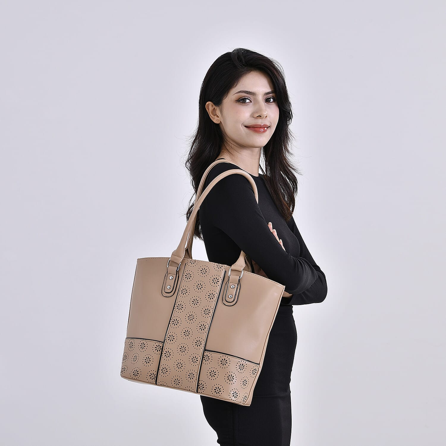 PU Floral Tote Bag (Size 31x13x32 cm) - Apricot & Black