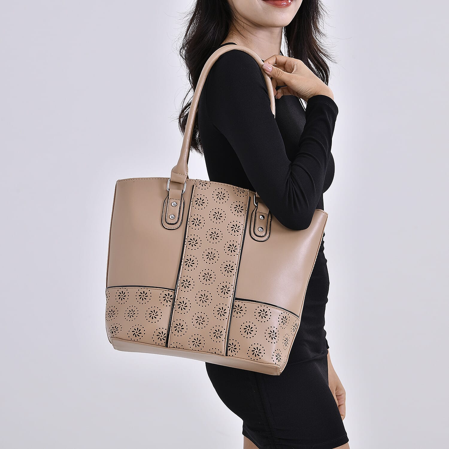 PU Floral Tote Bag (Size 31x13x32 cm) - Apricot & Black