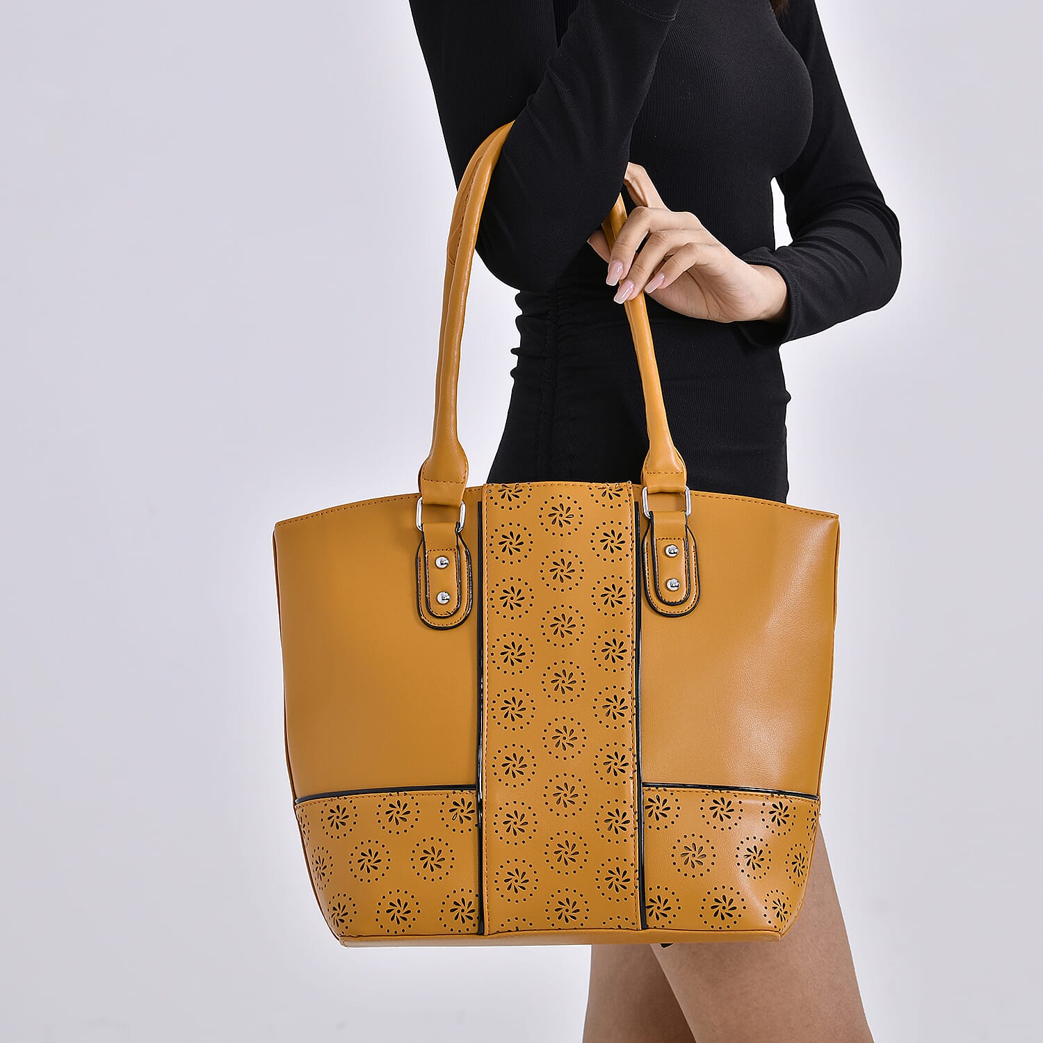 PU Floral Tote Bag (Size 31x13x32 cm) - Yellow & Black