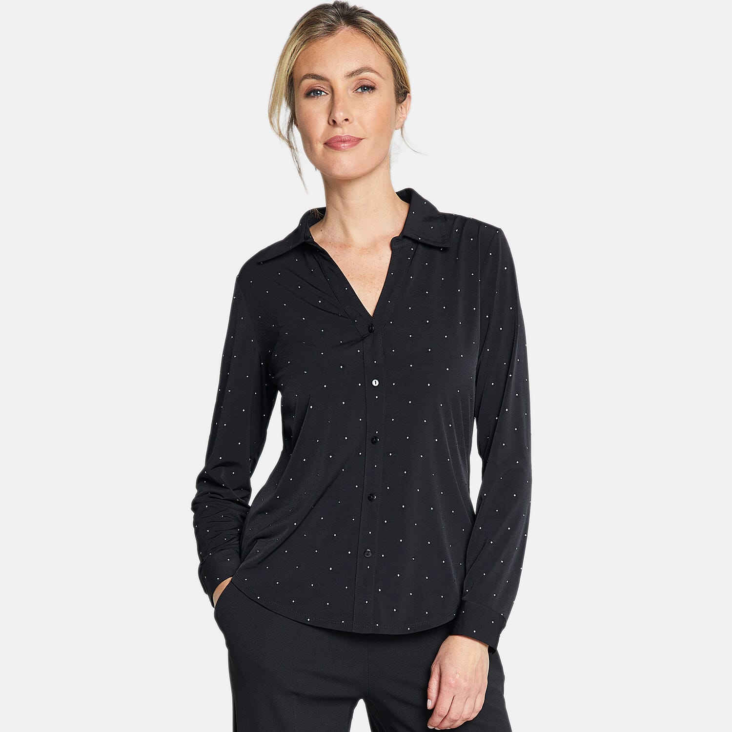 Rhinestone Classic Collar Top (Size 12) - Black