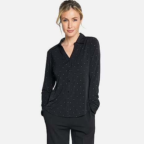Rhinestone Classic Collar Top (Size 12) - Black