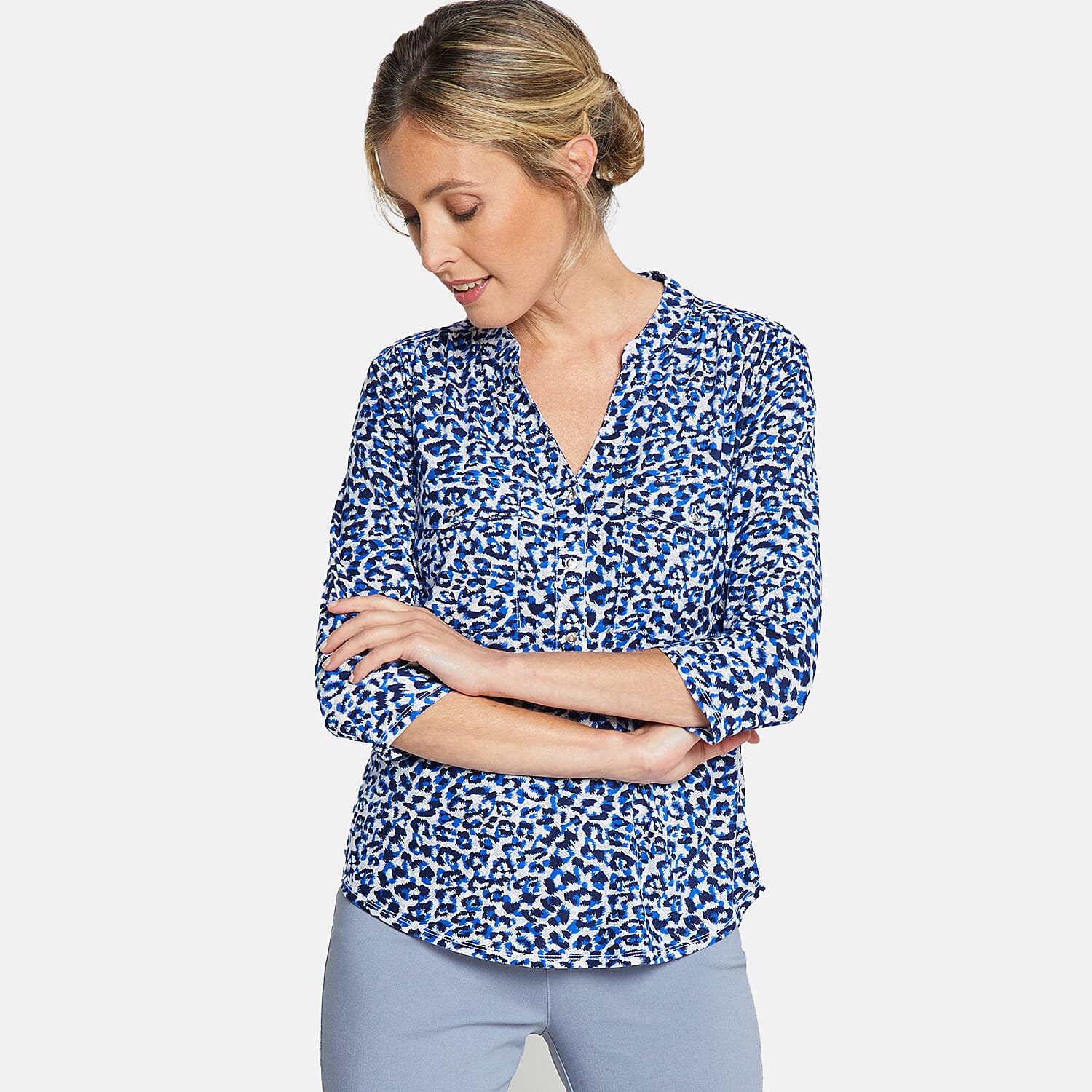 3-4 Sleeve Animal Print Manadrin Collar Top (Size 12) - Blue