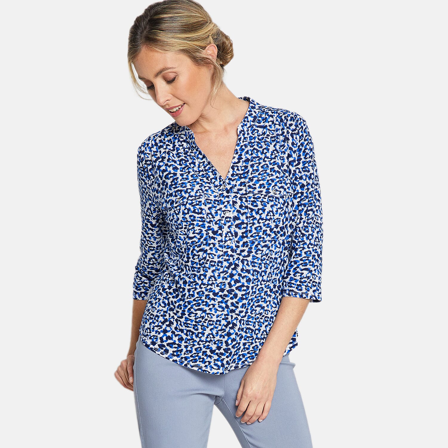 3-4 Sleeve Animal Print Manadrin Collar Top (Size 12) - Blue