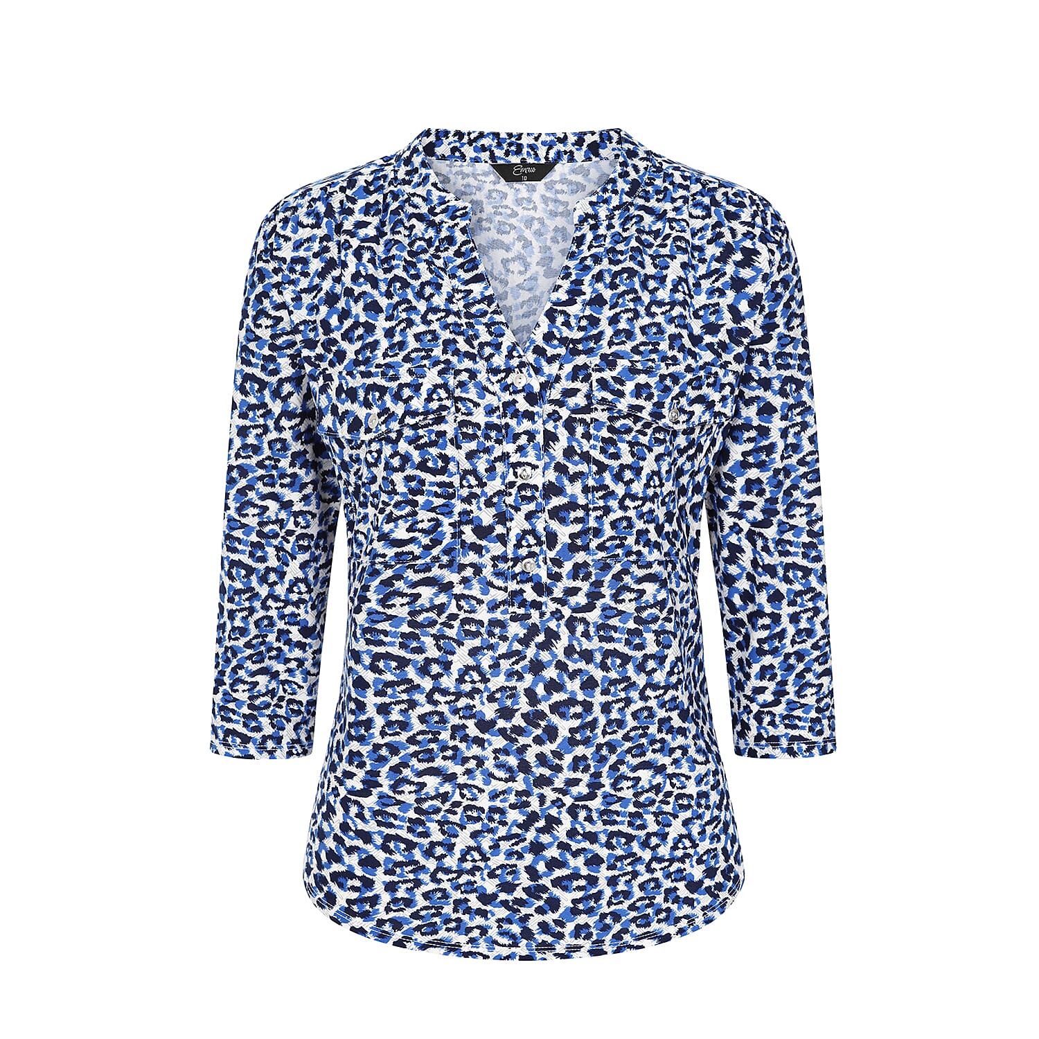 EMRECO 3-4 Sleeve Animal Print Manadrin Collar Blouse (Size 12) - Blue