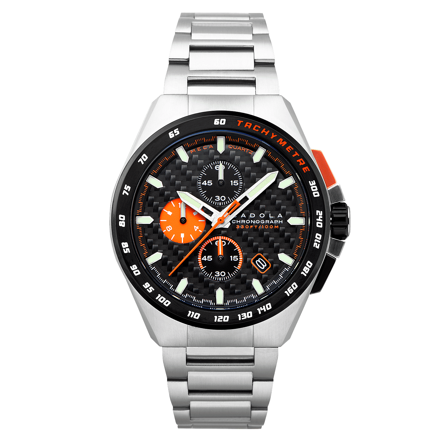 CADOLA Peterson Chronograph Japanese Quartz Movt. Black Dial 44mm Stainless Steel Case 10 ATM Water Resistant Watch With Stainless Steel Chain Bracelet - Extra Orange Silicon Strap CADOLA Peterson Chronograph Japanese Quartz Movt. Black Dial 44mm Stainless Steel Case 10 ATM Water Resistant Watch With Stainless Steel Chain Bracelet - Extra Orange Silicon Strap
