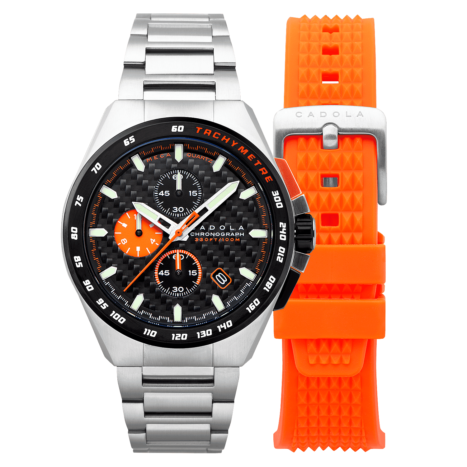 CADOLA Peterson Chronograph Japanese Quartz Movt. Black Dial 44mm Stainless Steel Case 10 ATM Water Resistant Watch With Stainless Steel Chain Bracelet - Extra Orange Silicon Strap CADOLA Peterson Chronograph Japanese Quartz Movt. Black Dial 44mm Stainless Steel Case 10 ATM Water Resistant Watch With Stainless Steel Chain Bracelet - Extra Orange Silicon Strap