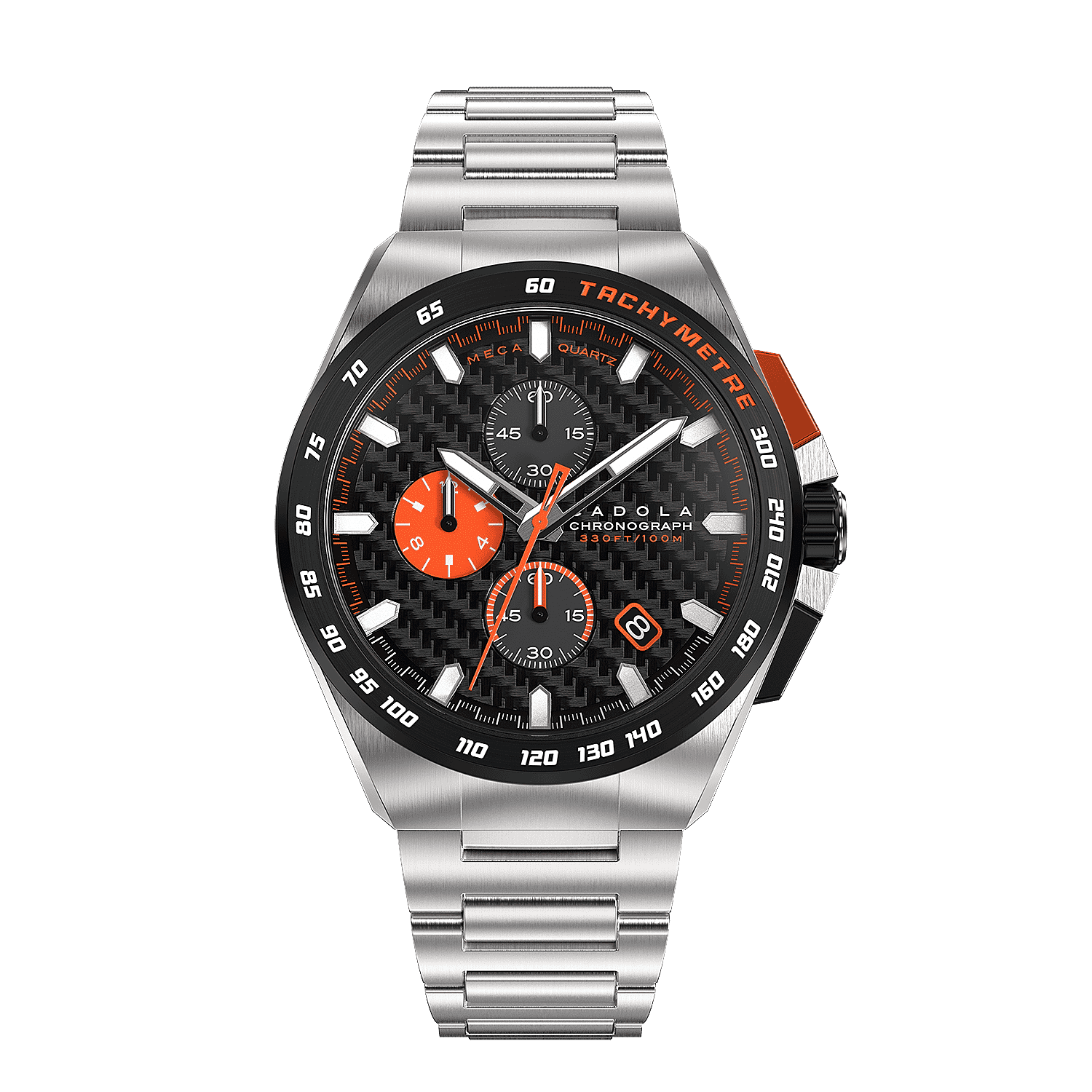 CADOLA Peterson Chronograph Japanese Quartz Movt. Black Dial 44mm Stainless Steel Case 10 ATM Water Resistant Watch With Stainless Steel Chain Bracelet - Extra Orange Silicon Strap CADOLA Peterson Chronograph Japanese Quartz Movt. Black Dial 44mm Stainless Steel Case 10 ATM Water Resistant Watch With Stainless Steel Chain Bracelet - Extra Orange Silicon Strap