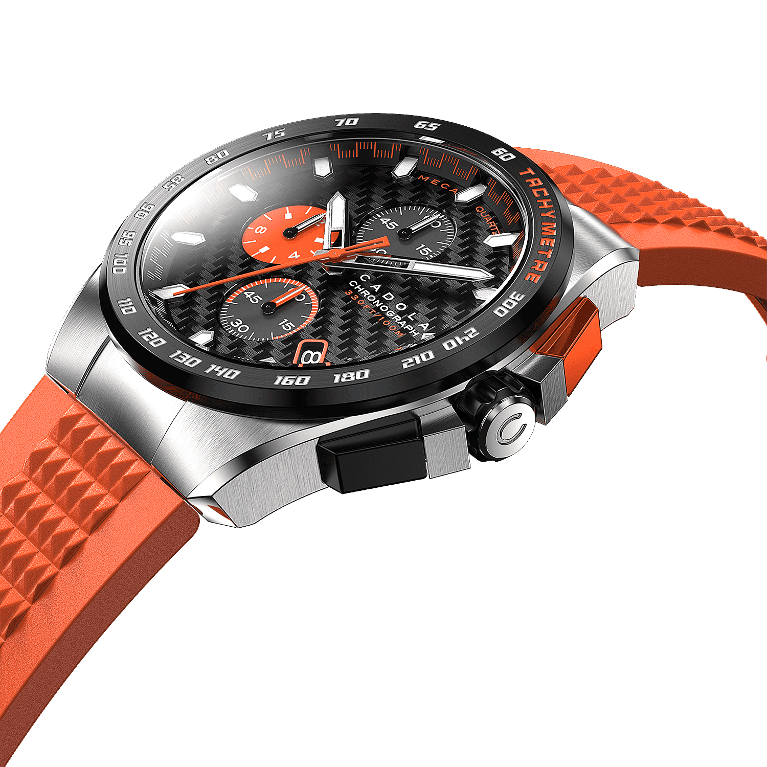 CADOLA Peterson Chronograph Japanese Quartz Movt. Black Dial 44mm Stainless Steel Case 10 ATM Water Resistant Watch With Stainless Steel Chain Bracelet - Extra Orange Silicon Strap CADOLA Peterson Chronograph Japanese Quartz Movt. Black Dial 44mm Stainless Steel Case 10 ATM Water Resistant Watch With Stainless Steel Chain Bracelet - Extra Orange Silicon Strap