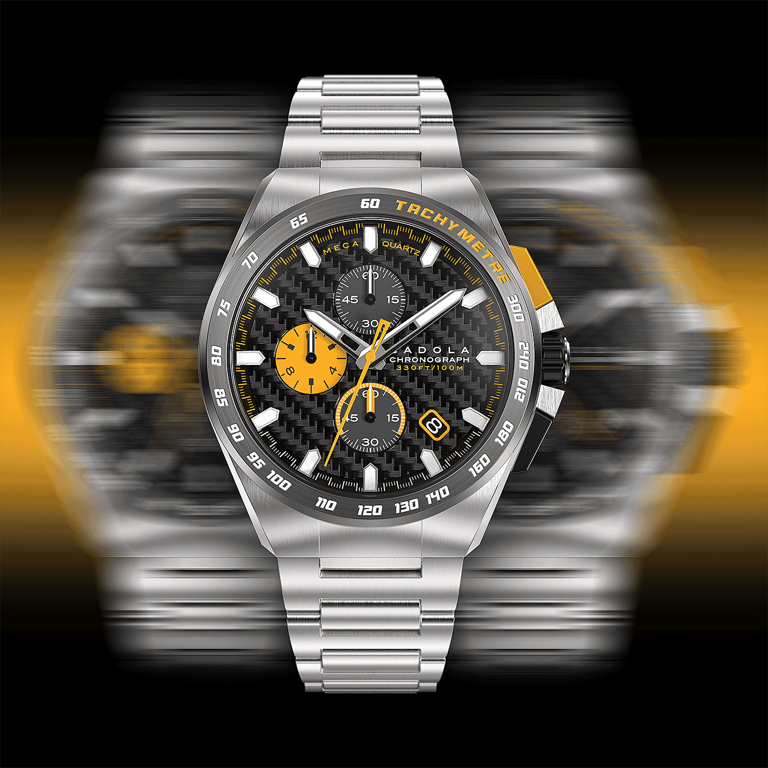 CADOLA Peterson 44mm Stainless Steel Case 10 ATM Water Resistant Watch With Stainless Steel Chain Bracelet - Extra Yellow Silicon Strap CADOLA Peterson 44mm Stainless Steel Case 10 ATM Water Resistant Watch With Stainless Steel Chain Bracelet - Extra Yellow Silicon Strap