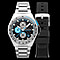 Cadola Peterson 44mm Stainless Steel Case 10 ATM Water Resistant Watch With Stainless Steel Chain Bracelet & Extra Blue with Black Silicon Strap