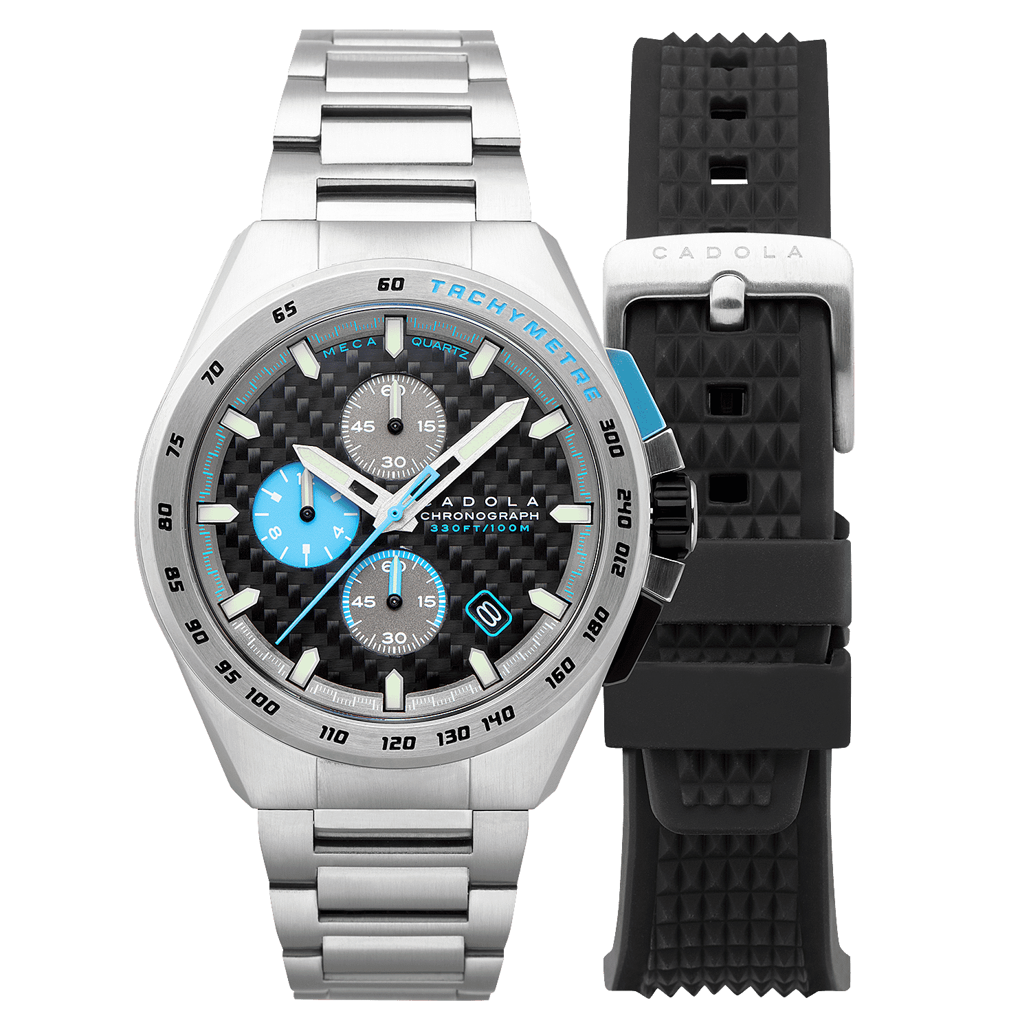 CADOLA Peterson Chronograph Japanese Quartz Movt. Black Dial 44mm Stainless Steel Case 10 ATM Water Resistant Watch With Stainless Steel Chain Bracelet - Extra Black Silicon Strap CADOLA Peterson Chronograph Japanese Quartz Movt. Black Dial 44mm Stainless Steel Case 10 ATM Water Resistant Watch With Stainless Steel Chain Bracelet - Extra Black Silicon Strap